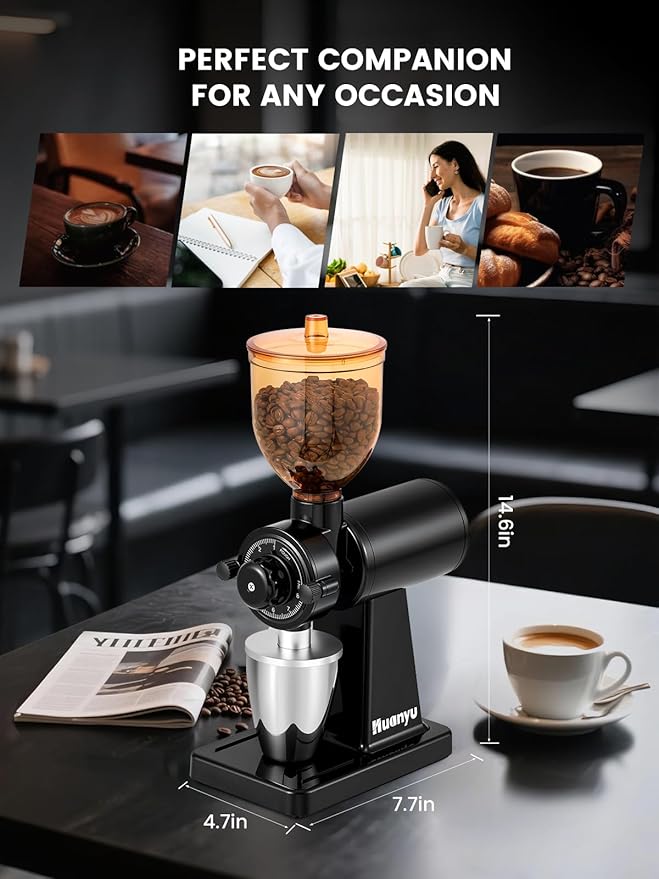 Huanyu Coffee Grinder Electric with Closed Grinding System - 8 Adjustable Settings, Flat Burr Coffee Grinders Anti-Static Design for Dust-Free Home Use