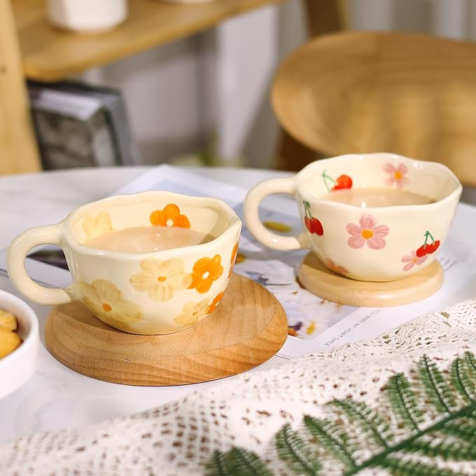MAKCNMYM Ceramic Coffee Mug Set of 2 Vintage Flower Mugs 8 oz Cute Floral Coffee Mugs Irregular Latte Art Cup Lead-free Porcelain Cups for Cappuccino, Cocoa (Pink Cherry and Orange Flower)