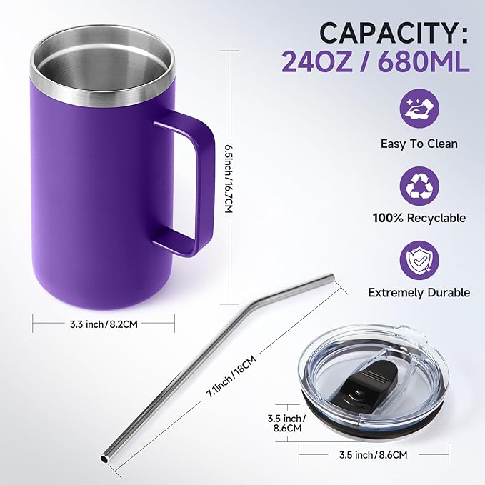 Volhoply 24oz Insulated Coffee Mug with Lid and Straw, Stainless Steel Travel Mugs with Handle, Double Wall Vacuum Leak Proof Coffee Tumbler Cup (Purple,1)