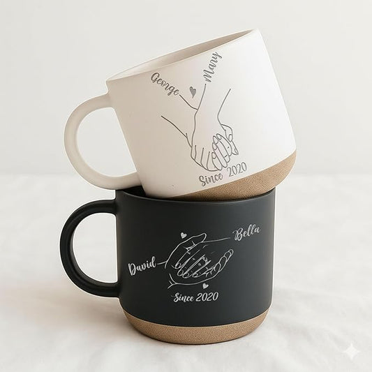 Personalized Couple Pottery Mug 12oz, Custom Names Since Year Coffee Mug, Minimalist Line Art Design, Engagement, Wedding & Anniversary