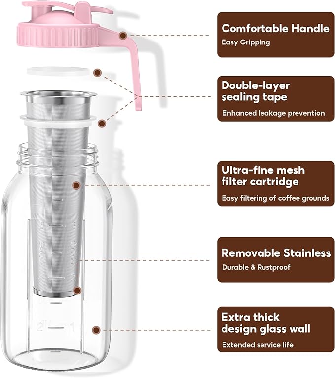 AHOMSEL Cold Brew Coffee Maker Jar - 2 Pack 64 oz Glass Cold Brew Maker with Handle, Stainless Steel Filter & Leak-Proof Lid, Heavy Duty Cold Brew Pitcher for Iced Coffee, Sun Tea, and Milk