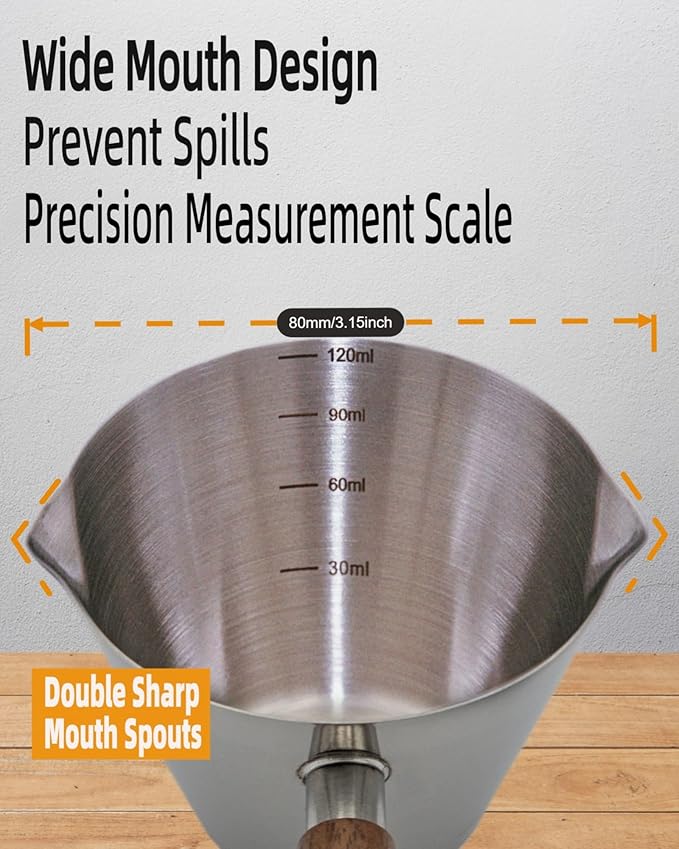 Espresso Cups - 4OZ Espresso Shot Cup with Wooden Handle -Measuring Cup with Double Spouts - Coffee Bar Accessories, Bright Silver（2 Pcs）