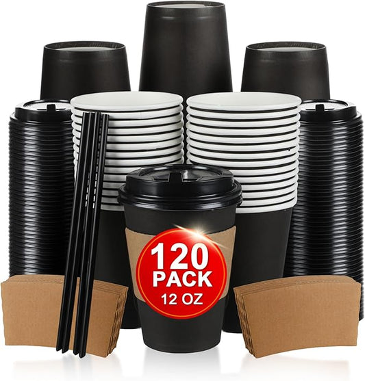120 Pack 12 oz Paper Coffee Cups Set, Disposable Black Coffee Cups with Lids, Sleeves and Stirring Sticks, Fit For Cold and Hot Drinks