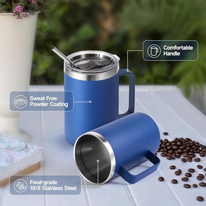 Volhoply 16oz Insulated Coffee Mug with Lid and Straw, Stainless Steel Travel Mugs with Handle, Double Wall Vacuum Leak Proof Coffee Tumbler Cup (Blue,1)