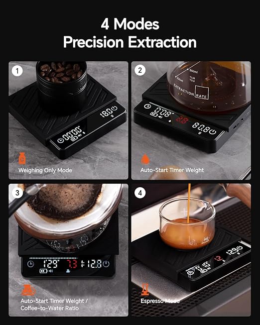 Espresso Coffee Scale with Timer & Flow Rate Indicator - 2kg/0.1g Precision Digital Scale with Waterproof Silicone Mat for Pour Over, Coffee Bean Weight, Kitchen, Black
