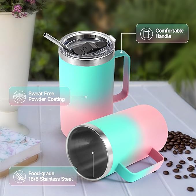 Volhoply 24oz Insulated Coffee Mug with Lid and Straw, Stainless Steel Travel Mugs with Handle, Double Wall Vacuum Leak Proof Coffee Tumbler Cup (Green Pink,1)
