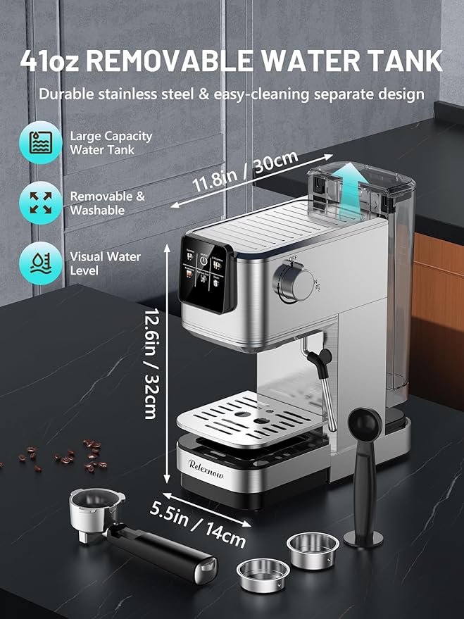 Espresso Machine, 20 Bar Espresso Maker Milk Frother & LCD Panel, Hot & Iced with Rapid Cold Brew, Stainless Steel Espresso Coffee Machine with 41oz Water Tank for Cappuccino, Latte