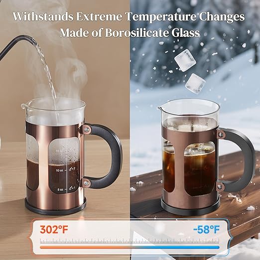 Veken French Press Coffee Maker, Heat Resistant Thickened Borosilicate Glass,Stainless Steel Brewer,Single Serve Small Pot, Cold Brew Cafetera Teapot for Kitchen Travel Camping, 21oz 0.6 L,Copper