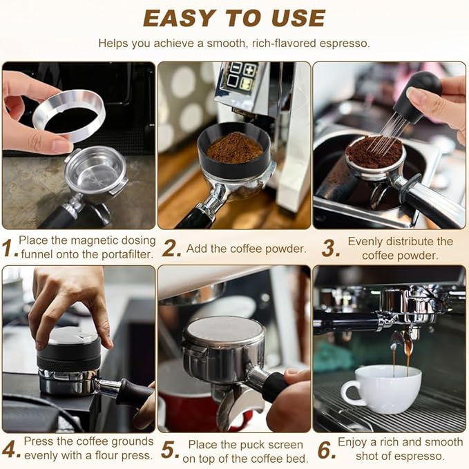 51mm Espresso Accessories Kit, 2-in-1 Coffee Distributor & Tamper Leveler with Magnetic Dosing Funnel and WDT Tool for 51mm Portafilter, 5-Piece Barista Tool Set