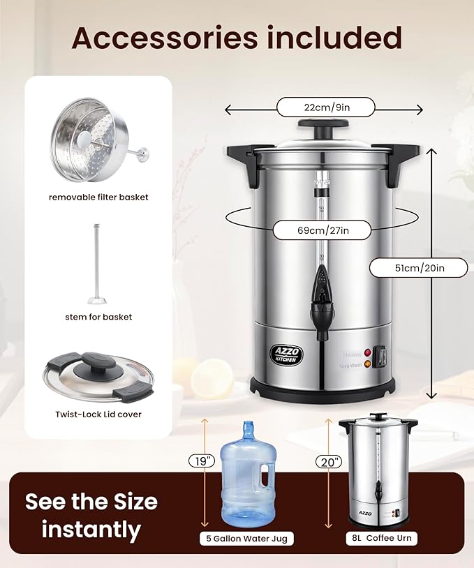 AZZO KITCHEN Commercial Coffee Maker 50-Cup Large Coffee Urn with Percolator Coffee Pot Electric 8L Stainless Steel Fast Brew Hot Water Dispenser for Tea Catering Events Home Office Easy Cleaning