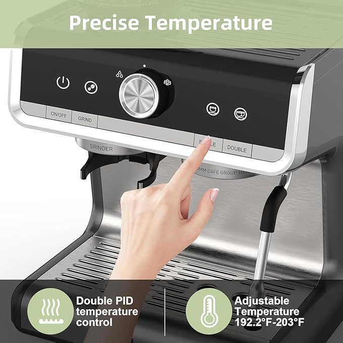 Espresso Machine With Grinder, 20 Bar Professional Coffee Maker With Milk Frother Steam Wand for Cappuccino, Latte, Macchiato, 95 oz Removable Water Tank, Smart PID Temperature Control,Gray