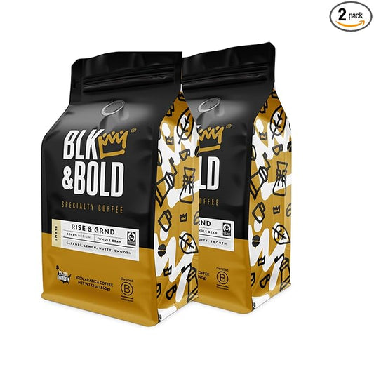 BLK & Bold Whole Bean Coffee, Rise & GRND Premium Medium Roast, 100% Arabica Beans, 12 oz Bag (2 Pack)