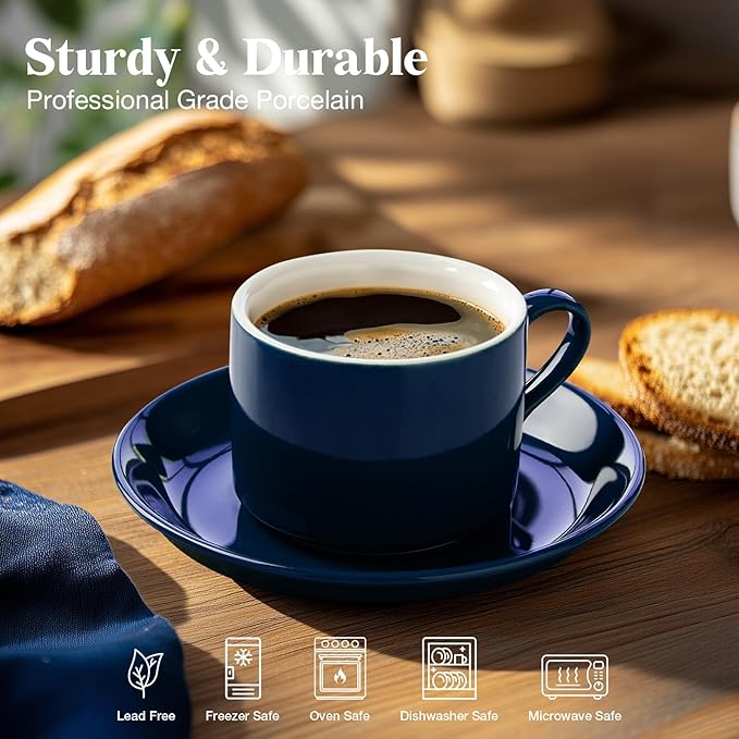 NWYSZ 5 Ounce Blue Porcelain Stackable Espresso Cups with Stainless Steel Holder, Set of 4, Durable Ceramic, Perfect for Home, Office or Gift