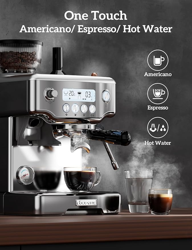Espresso Machine, 4-IN-1 Professional 58MM Espresso Machine with Grinder 5 Temp Adjust & Compact Espresso Maker 15 Bar with Powerful Milk Frother, One-Touch Americano/Espresso, Stainless Steel