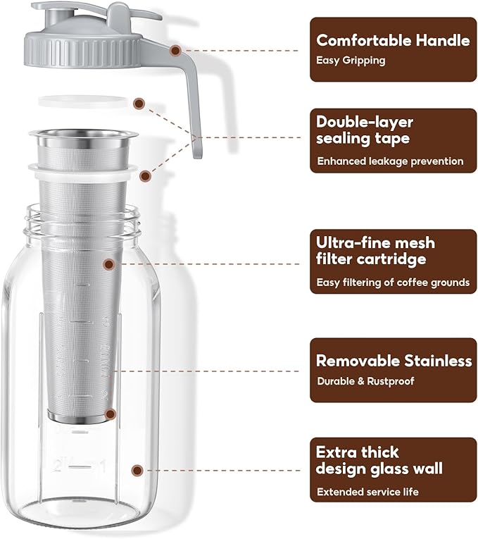 AHOMSEL Cold Brew Coffee Maker Jar - 2 Pack 64 oz/32 oz Glass Cold Brew Maker with Handle, Stainless Steel Filter & Leak-Proof Lid, Heavy Duty Cold Brew Pitcher for Iced Coffee, Sun Tea, and Milk