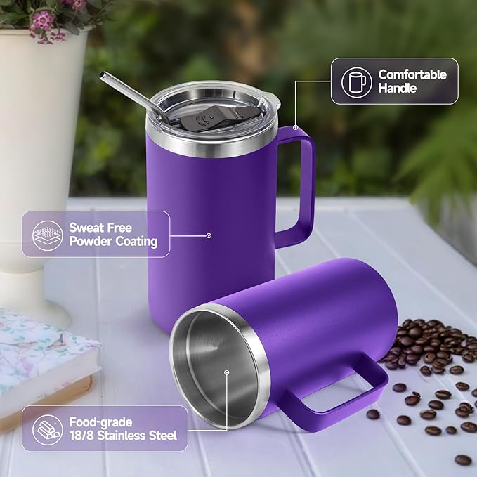 Volhoply 24oz Insulated Coffee Mug with Lid and Straw, Stainless Steel Travel Mugs with Handle, Double Wall Vacuum Leak Proof Coffee Tumbler Cup (Purple,1)
