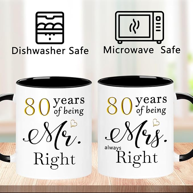 WOSIWULA 80 Year Anniversary Birthday Coffee Mugs Set of 2, 80th Wedding Anniversary Decorations Gifts for Couple Grandparents Parents Women Men Wife Husband Her Him, 80th Birthday Gifts, 11oz