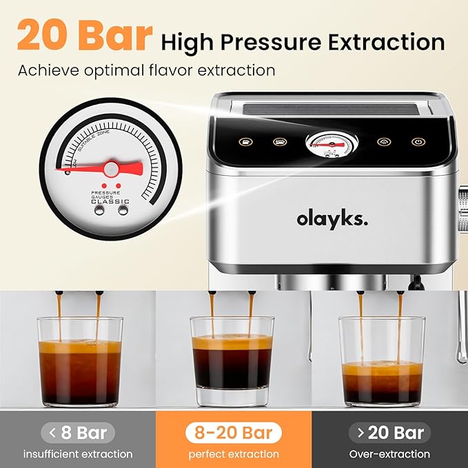 Espresso Machine 20 Bar, Brush Stainless Steel Espresso Maker with Milk Frother Steam Wand, 1400W Espresso Coffee Machine with 1.8L Removable Water Tank for Latte, Cappuccino,Machiato