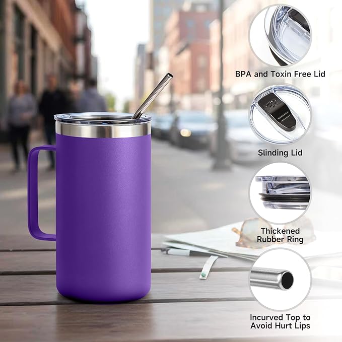 Volhoply 24oz Insulated Coffee Mug with Lid and Straw, Stainless Steel Travel Mugs with Handle, Double Wall Vacuum Leak Proof Coffee Tumbler Cup (Mix,2)