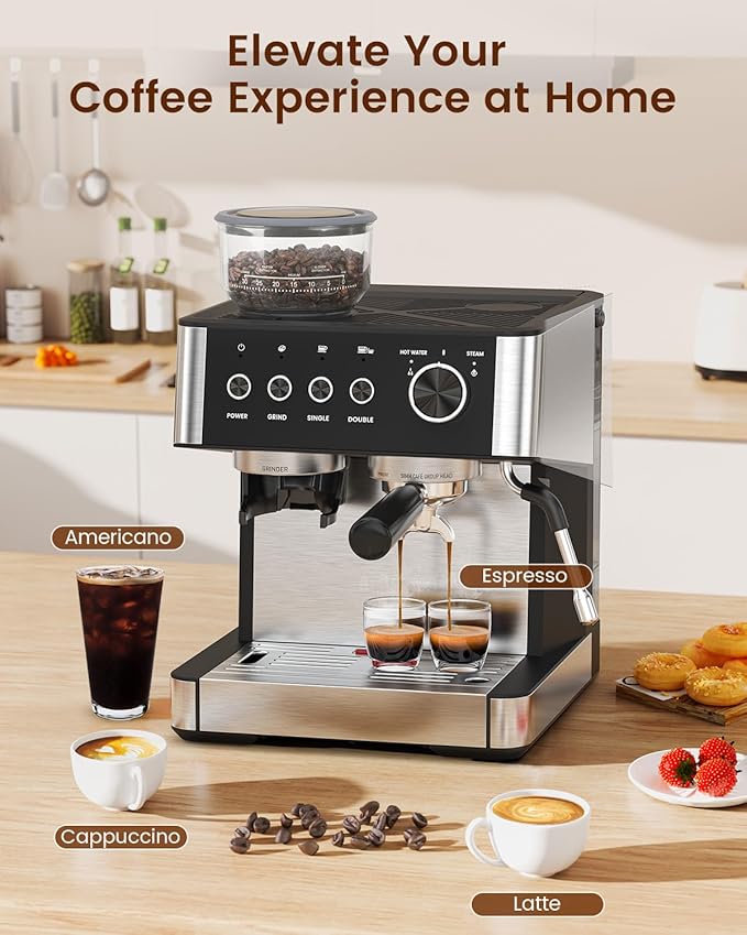 (2025 Upgrade Espresso Machine with Grinder, 20 Bar Professional Espresso Coffee Machine with Anti-Clog Design, Built-in Milk Frother Steam Wand-Perfect Cappuccino & Latte Maker for Home
