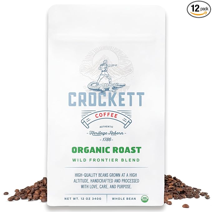 Crockett Whole Bean Coffee – USDA Organic Medium Roast Whole Coffee Beans with Smooth Flavor, Bold Aroma & Clean Finish – Healthy for Focused Energy, All-Day Drive & Guilt-Free Brewing