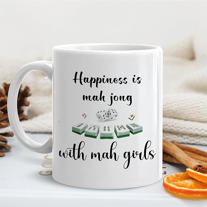 Mahjong Gifts Mug, Mah Jong Gifts for Women Coffee Cup Ceramic, Gift for Mah Jong Players Lovers, Happiness is Mahjong Ceramic Coffee Tea Mug 11 oz