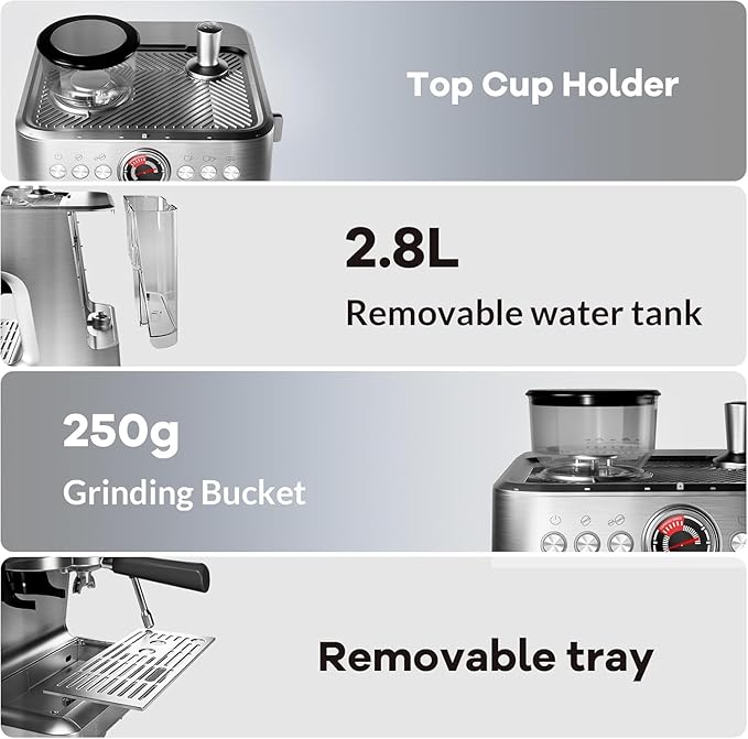 20 Bar Espresso Machine with Grinder & Milk Frother, Coffee and Espresso Maker Combo, All-in-One Espresso Coffee Machine for Cappuccino Latte, 30 Grind Settings, PID Control, 2.8L Removable Water Tank