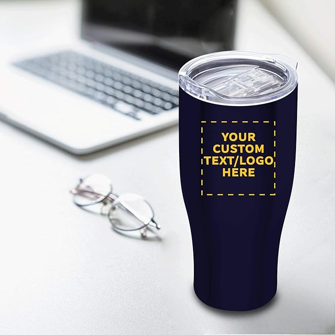 DISCOUNT PROMOS 50 Stainless Steel Grip Travel Mugs Set, 27 oz. - Customizable Text, Logo - Vacuum Insulated, Plastic Lid - Blue