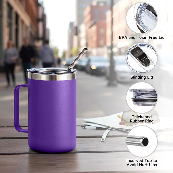 Volhoply 16oz Insulated Coffee Mug with Lid and Straw, Stainless Steel Travel Mugs with Handle, Double Wall Vacuum Leak Proof Coffee Tumbler Cup (Purple,1)