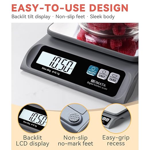 BOMATA 0.1g/ 13lb Food Scale, USB Rechargeable, Digital Kitchen Scale with Removable Stainless Steel Pan, Backlit LCD Display, for Cooking, Baking B621 Grey
