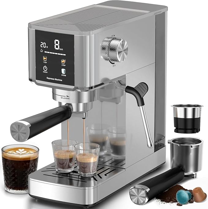 Kismile Espresso Machine 20Bar with Milk Frother, Professional Coffee Maker with Capsule Funnel|LED Display|48oz Removable Water Tank, Pre-Infusion for Espresso, Cappuccino at Home or Office