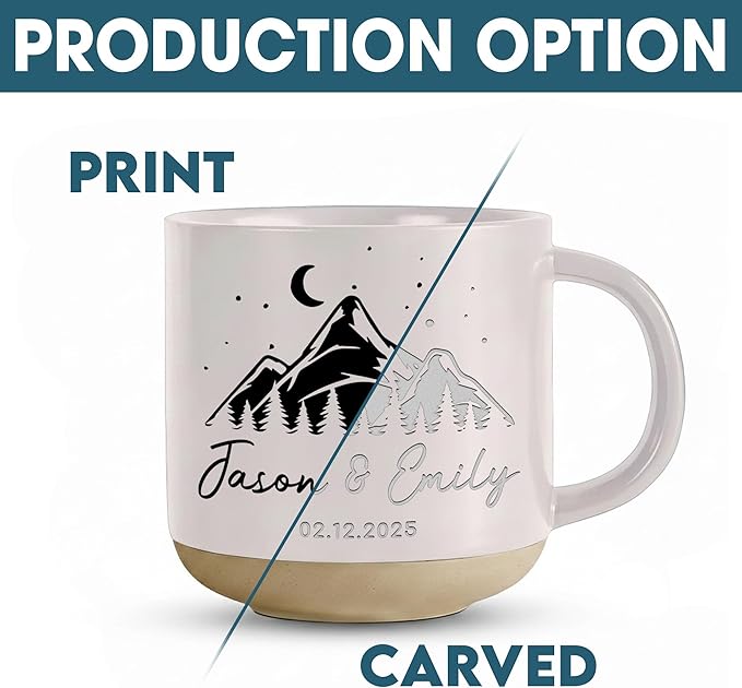 Personalized Adventure Couple Pottery Mug 12oz, Custom Mountain Design Coffee Mug with Names & Date, Engagement, Wedding & Anniversary for Couples