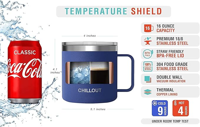 CHILLOUT LIFE 16 oz (Set of 2) Stainless Steel Vacuum Insulated Coffee Mug with Handle and Lid, Large Thermal Camping Coffee Mugs with Sliding Lid for Men & Women