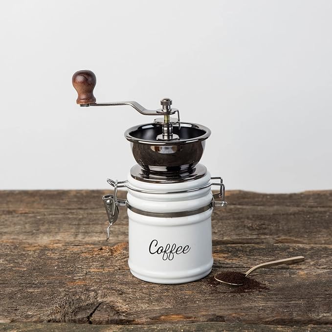 Twine Handheld Vintage Coffee Grinder, Manual Adjustable Design with Wood Handle and White Ceramic Jar, Set of 1