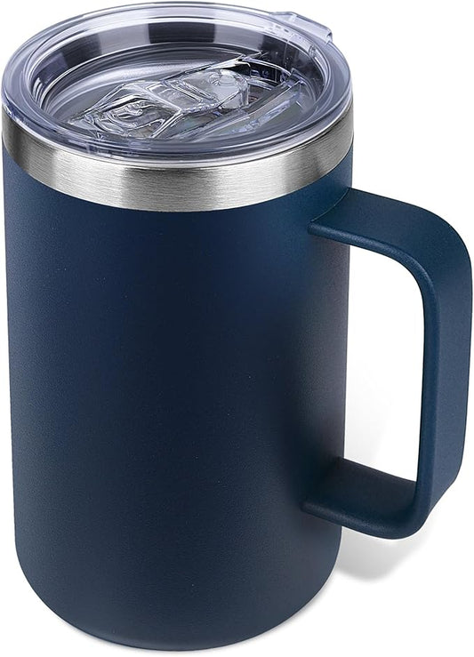 Zynkify 22oz Insulated Coffee Mug with Handle & Leak-Proof Lid - Double Wall Stainless Steel Travel Tumbler for Commute/Office/Home, Navy Blue, 1 Pack