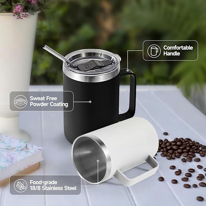 Volhoply 16oz Insulated Coffee Mug with Lid and Straw, Stainless Steel Travel Mugs with Handle, Double Wall Vacuum Leak Proof Coffee Tumbler Cup (Assorted,2)