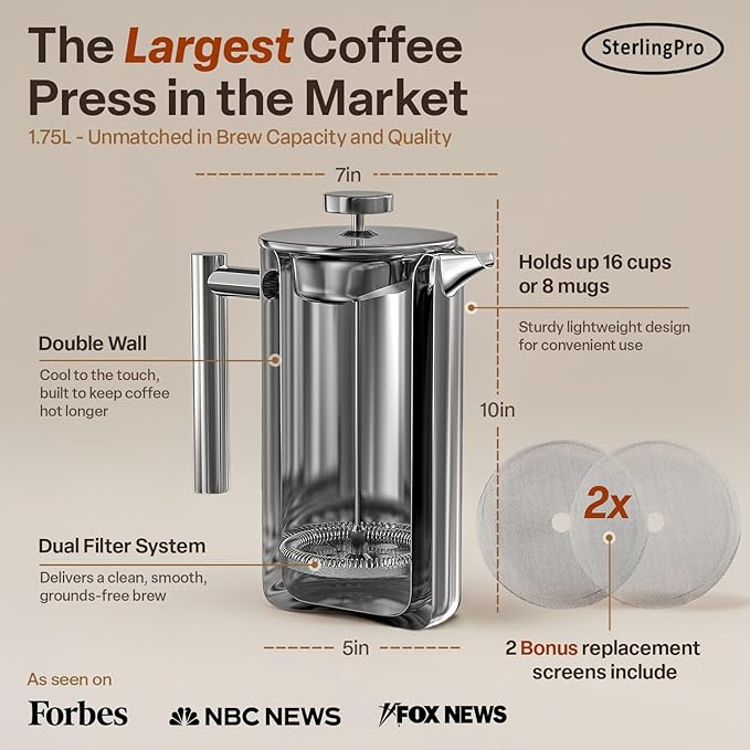 Extra Large Insulated Metal French Press Coffee Maker 59 oz (1.75L), Large Capacity Stainless Steel Big French Press XL, Durable Insulated Mirror Coffee Maker with Double Walled Insulation, Mirror