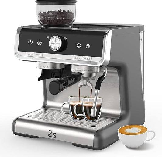 Espresso Machine With Grinder, 20 Bar Professional Coffee Maker With Milk Frother Steam Wand for Cappuccino, Latte, Macchiato, 95 oz Removable Water Tank, Smart PID Temperature Control,Gray