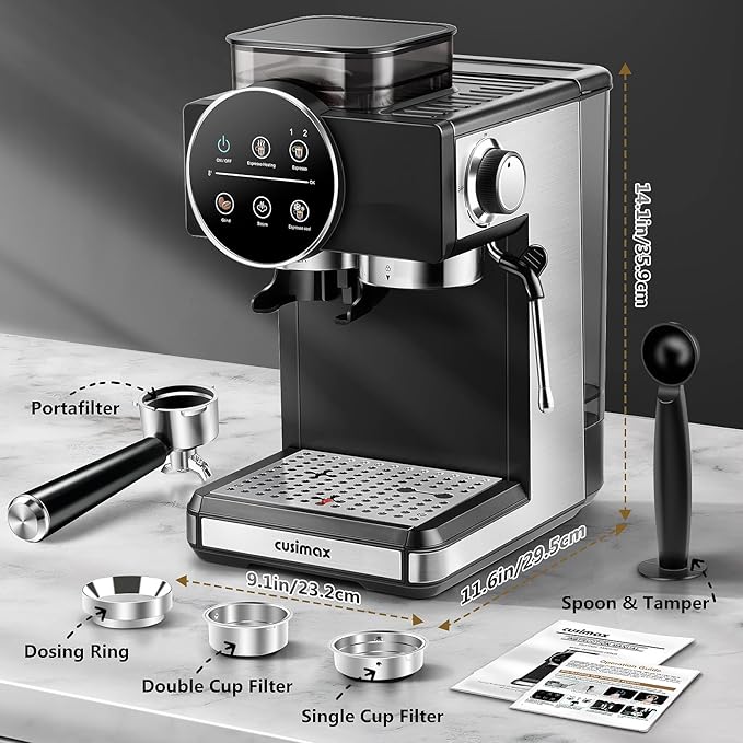 CUSIMAX Espresso Machine with Grinder, 20 Bar Professional Expresso Coffee Machines with Milk Frother Steam Wand, Espresso Maker with 60oz Removable Water Tank, Cappuccino & Latte Machine for Home