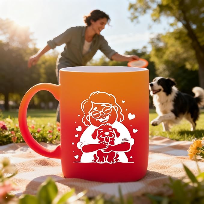 G MUGS Dog Lover Ceramic Coffee Mug, Cute Glasses Girl & Dog Hug Design Mug, Tea Mug, Adorable Pet Lover Gift for Women Teens,13oz Yellow And Pink Mug