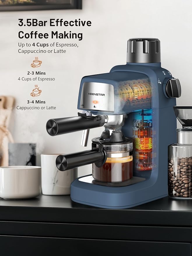 KEENSTAR 3.5Bar Espresso Machine with Milk Frother, 800W Compact Espresso and Cappuccino Machine with Preheating Function, 4 Cup Espresso Maker for Cappuccino or Latte, Gift for Coffee Lover