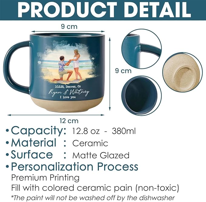 Personalized Engagement Photo Pottery Mug 12oz, Custom Proposal Couple Portrait Mug with Names & Date, Wedding and Anniversary for Couple