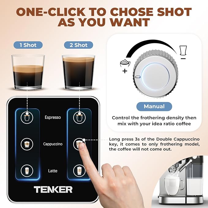 TENKER Espresso Machine 20 Bar, Cappuccino Machine with Automatic Milk Frother, Latte Machine in Stainless Steel Design, 1350W Touchscreen Coffee Maker for Home and Office (Silver)