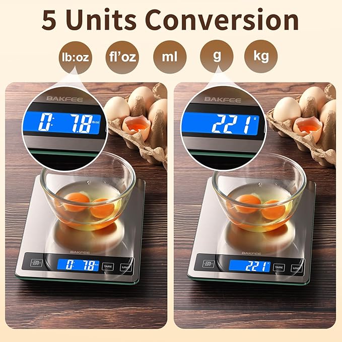 BakFee Food Scale, 15kg/33lb Digital Kitchen Scale with Stainless Steel & Tempered Glass, 1g / 0.05oz Precise Graduation, Waterproof and Sturdy Surface, for Cooking, Baking, Weight Loss, Meal Prep
