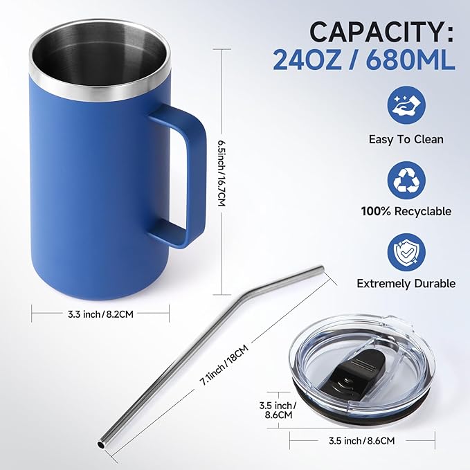 Volhoply 24oz Insulated Coffee Mug with Lid and Straw, Stainless Steel Travel Mugs with Handle, Double Wall Vacuum Leak Proof Coffee Tumbler Cup (Blue,1)