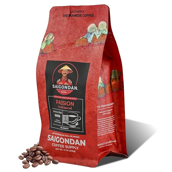 Vietnamese Coffee Beans – Saigondan Passion 100% Robusta French Roast Whole Bean – Premium Single Origin, Direct Trade Vietnamese Coffee – Bold Dark Chocolate Flavor – 12 oz