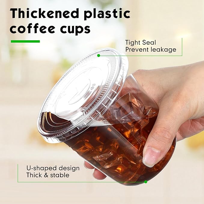 100 Set 12 oz Clear Plastic Cups with Lids and Straws, Disposable Iced Coffee PET Cups for Drinking Cold Beverage Juice Parfait Smoothie Milkshake Coffee Shops Party Supplies