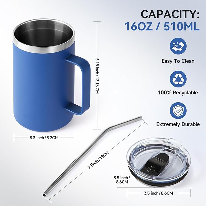 Volhoply 16oz Insulated Coffee Mug with Lid and Straw, Stainless Steel Travel Mugs with Handle, Double Wall Vacuum Leak Proof Coffee Tumbler Cup (Blue,1)