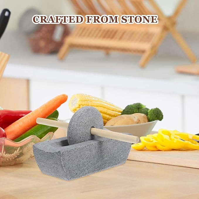 LOGOFUN Traditional Chinese Stone Mill Hand Crank Manual Grinder Accessories for Matcha Tea Spices Home Kitchen Supplies - 12cm