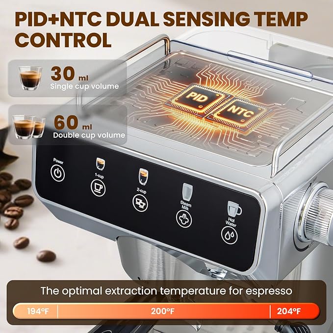 GeniCup Expresso Coffee Machines with Touchscreen 20 Bar Professional Espresso Maker with Milk Frother & Hot Water, Stainless Steel Coffee Maker for Latte Americano, Cappuccino Machine for Home Office